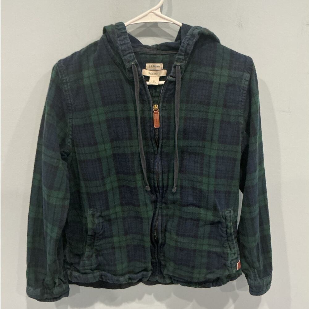 LL Bean Womens Relaxed Fit Flannel Shirt Hoodie S Green Scotch Plaid Gorpcore